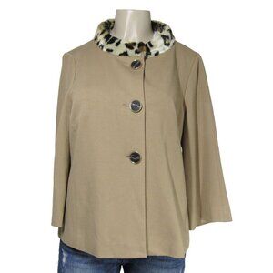CHICOS Camel Tan LEOPARD Animal Print Faux fur Collar Retro Swing Jacket 1 M 8